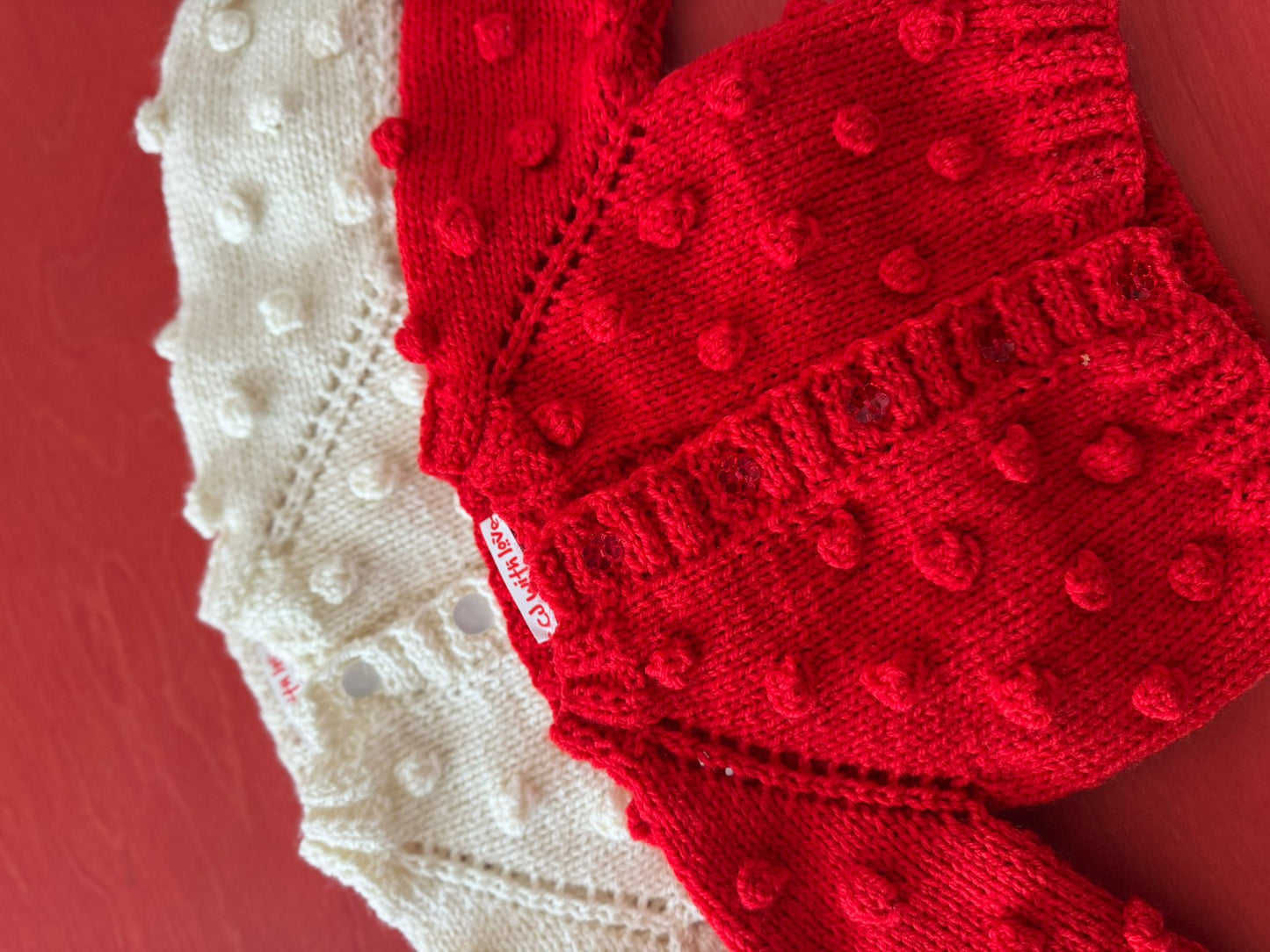 Red Handknitted Popcorn Cardigan