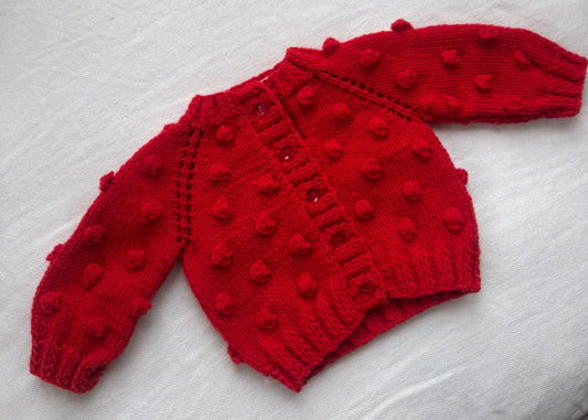 Red Handknitted Popcorn Cardigan