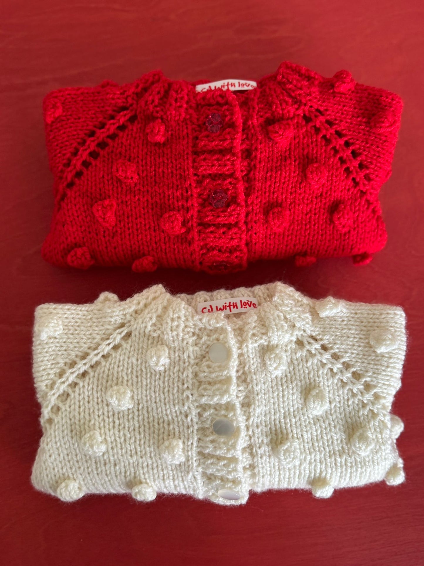 Red Handknitted Popcorn Cardigan